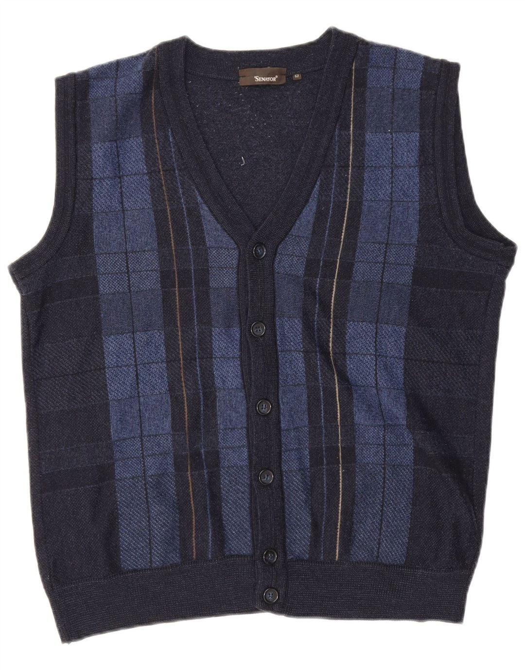 Suéter Senator Mens Cardigan Sem Mangas IT 52 Grande Xadrez Azul Marinho