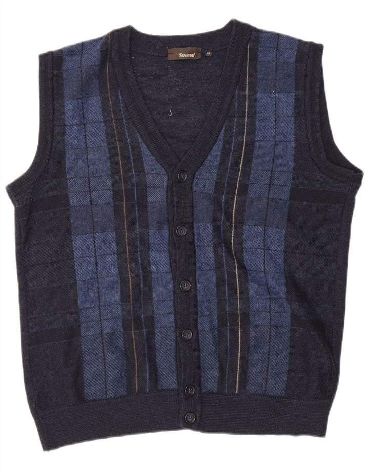 Suéter Senator Mens Cardigan Sem Mangas IT 52 Grande Xadrez Azul Marinho