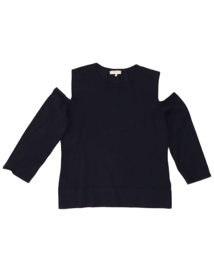 Top feminino Hobbs com ombros de fora, manga 3/4, Reino Unido 12, viscose azul marinho médio