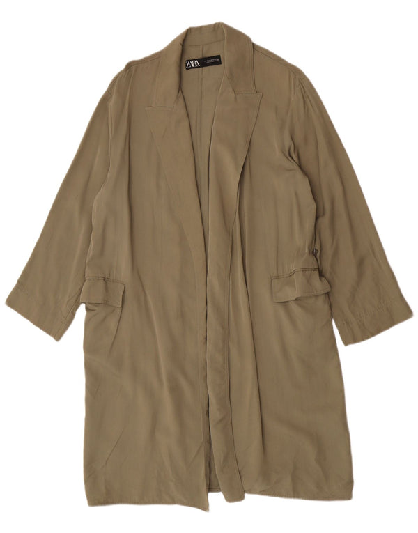 Sobretudo aberto feminino Zara UK 14 Lyocell cáqui médio