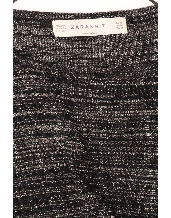 Top feminino Zara manga comprida UK 12 acrílico listrado preto médio
