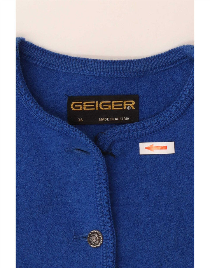 Suéter cardigã feminino Geiger EU 36 pequeno azul lã nova