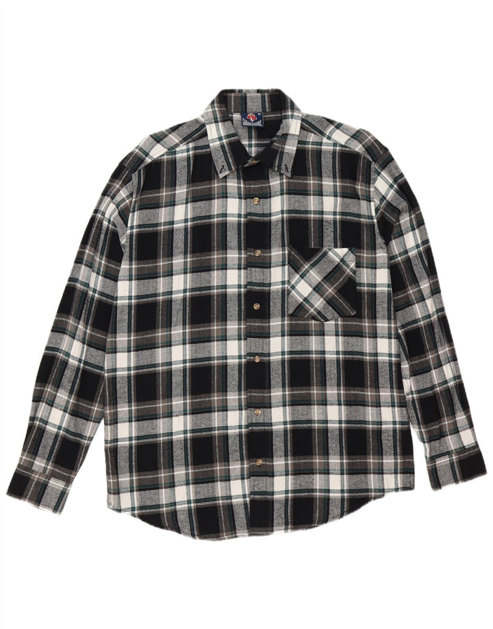 Camisa masculina vintage de flanela de algodão xadrez preto médio