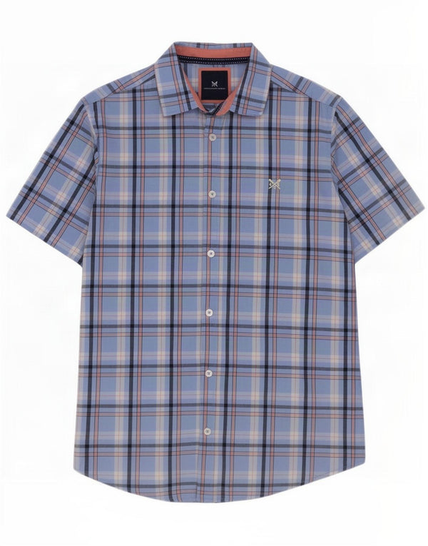 Crew Clothing Mens manga curta Slim Fit camisa pequena azul xadrez algodão