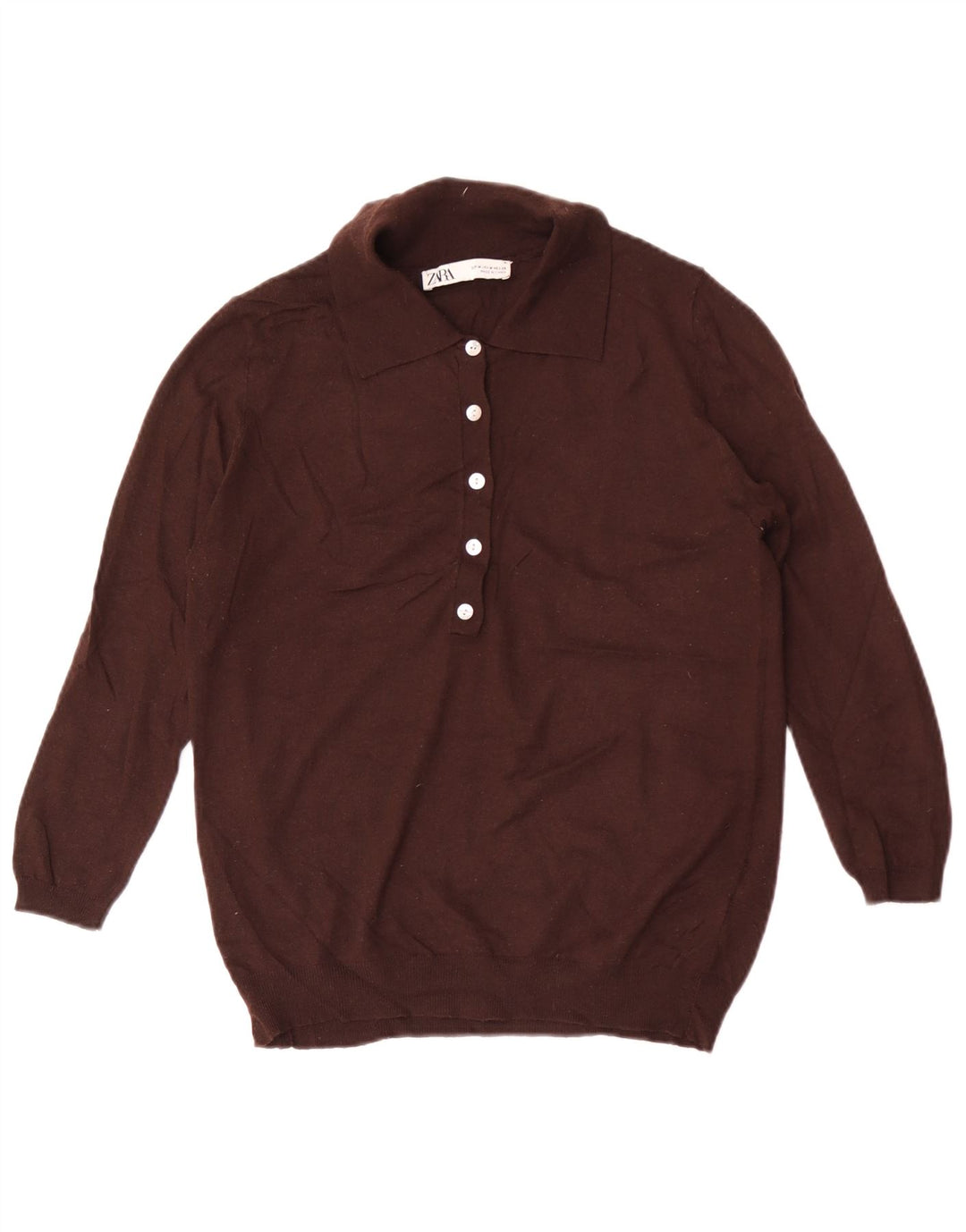 Zara Suéter feminino com gola polo e gola polo UK 12 poliéster marrom médio