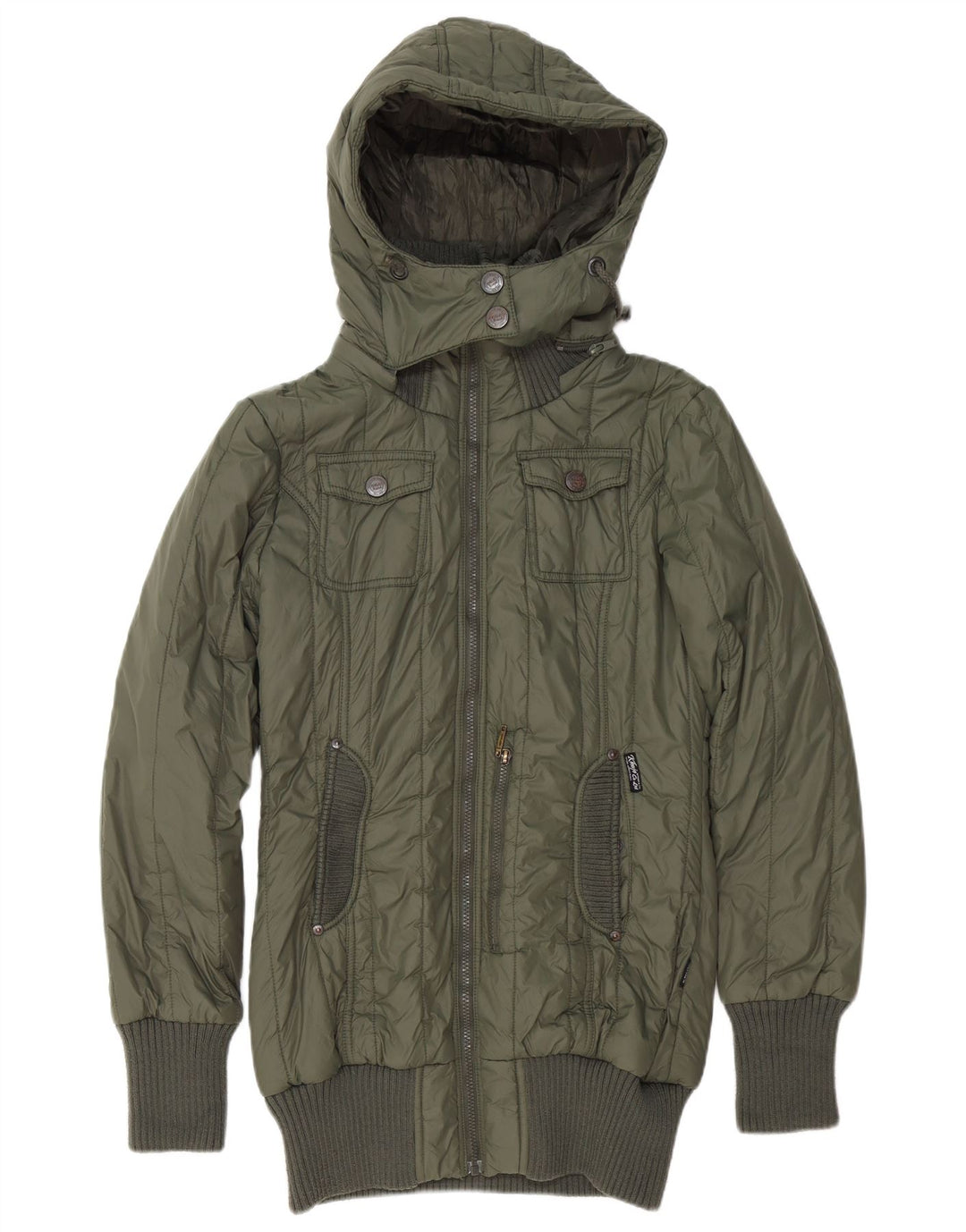 Jaqueta feminina acolchoada com capuz KHUJO Reino Unido 14 grande poliéster verde