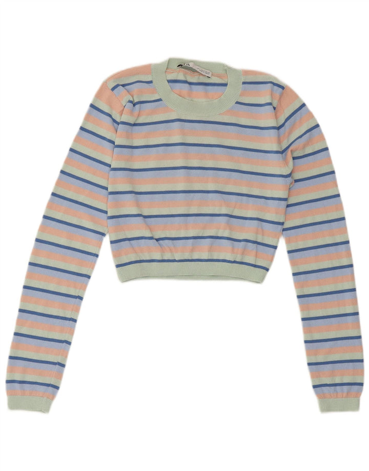 Suéter feminino ZARA com gola redonda e gola redonda, pequeno, listrado multicolorido