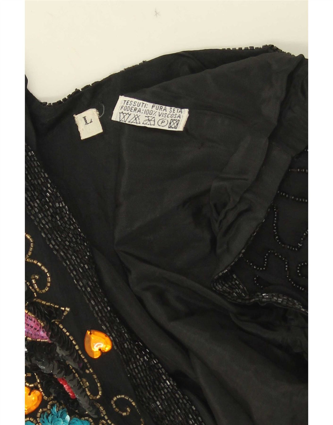 Blazer de noite feminino vintage Reino Unido 16 grande seda floral preta