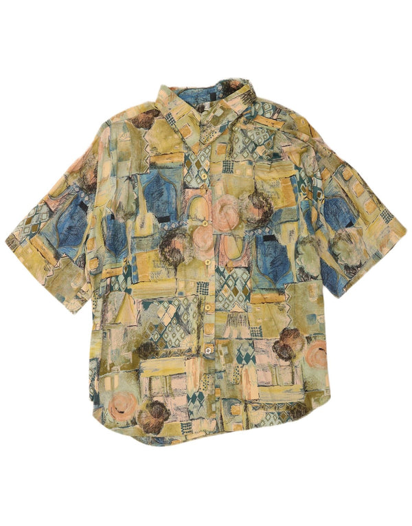 Camisa feminina vintage de manga curta UK 18 XL verde patchwork viscose