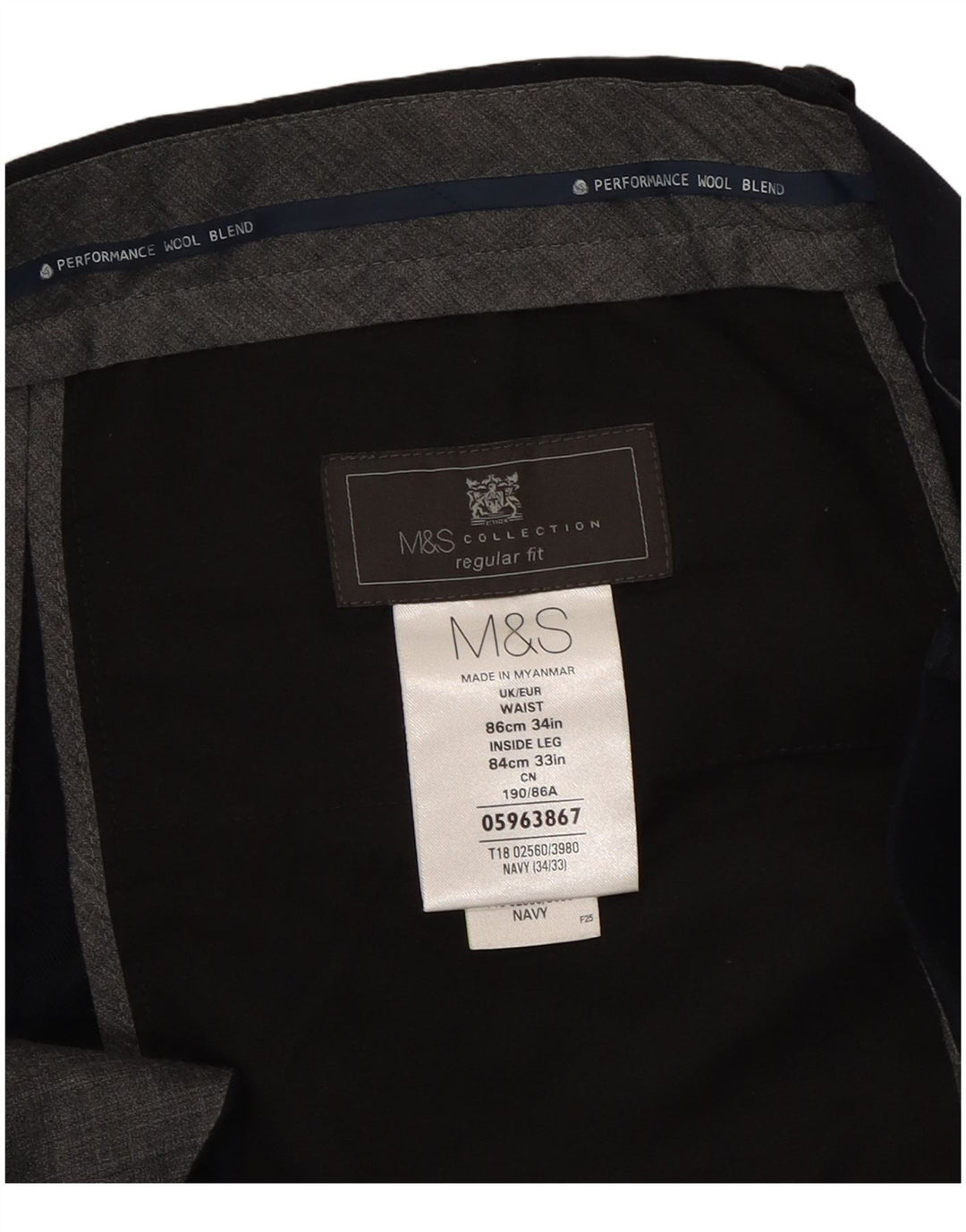 Calça masculina Marks & Spencer Pegged Regular Fit W34 L33 Azul marinho
