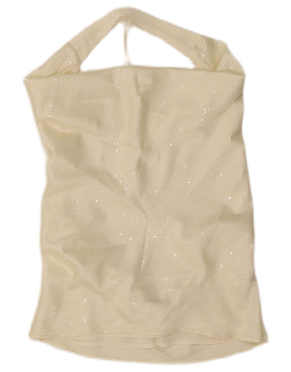 Top feminino Zara com ombro de fora UK 10 pequeno poliéster manchado esbranquiçado