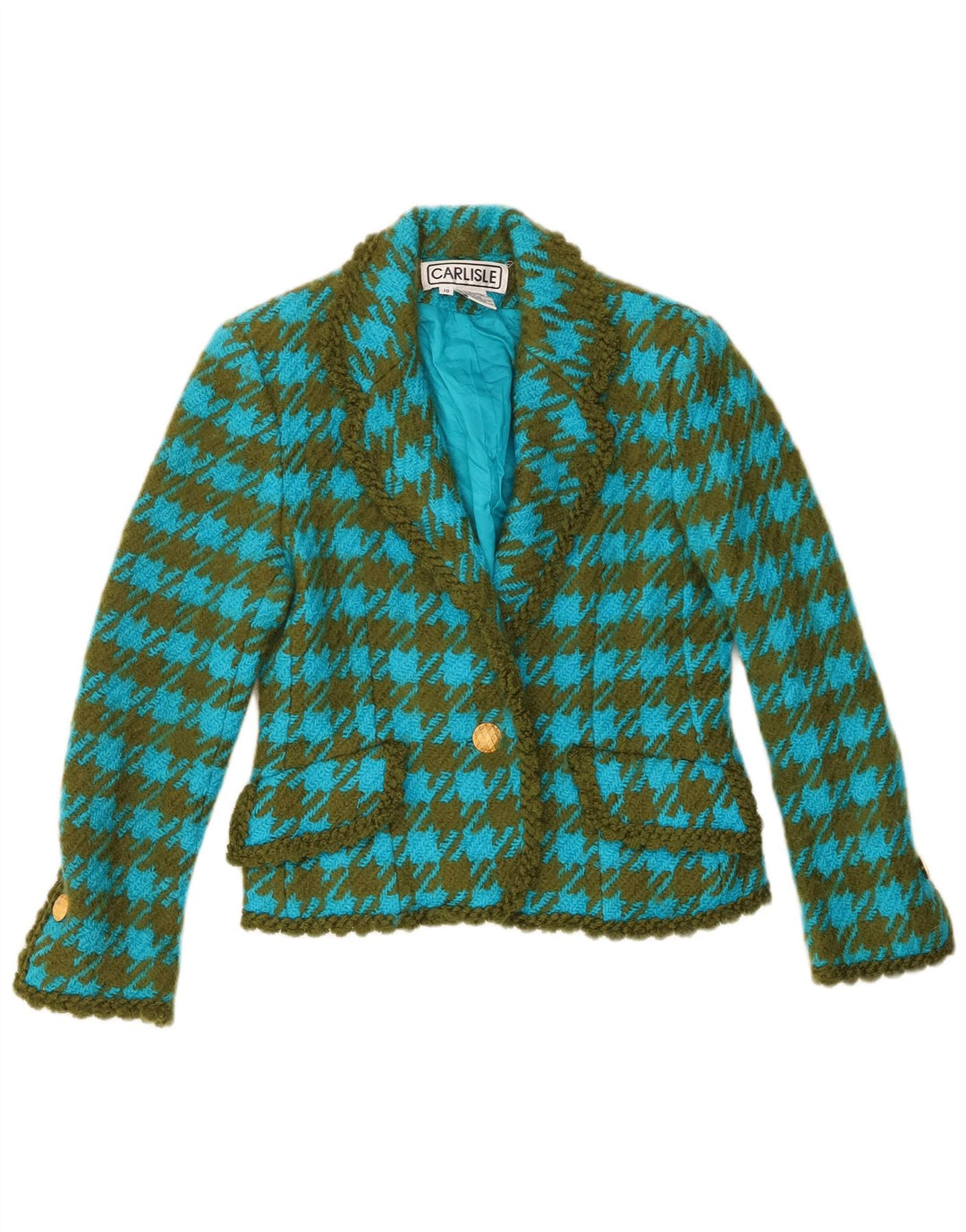 Jaqueta blazer feminina Carlisle com 1 botão Reino Unido 10 lã houndstooth azul pequena