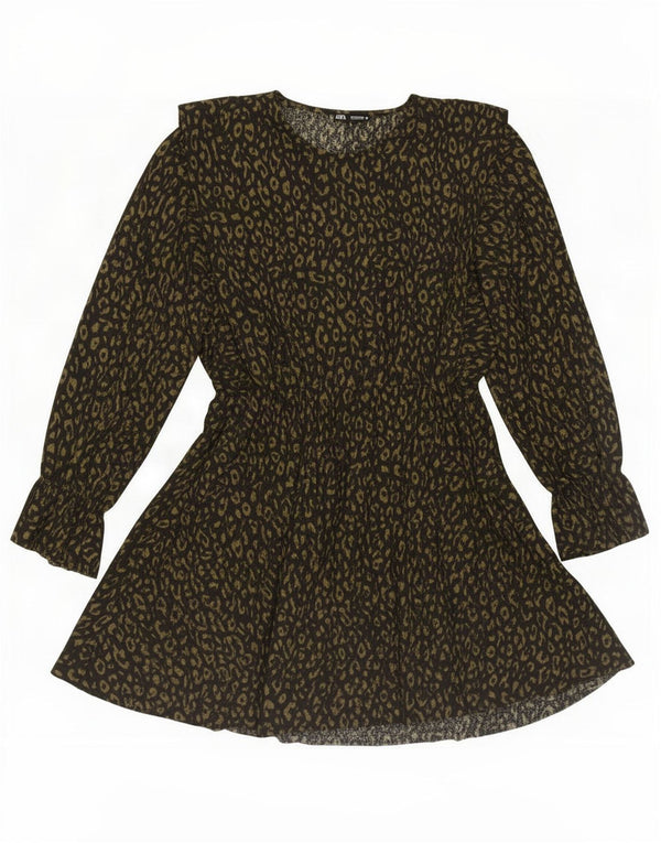 Vestido feminino Zara manga comprida evasê Reino Unido 16 grande preto estampa animal