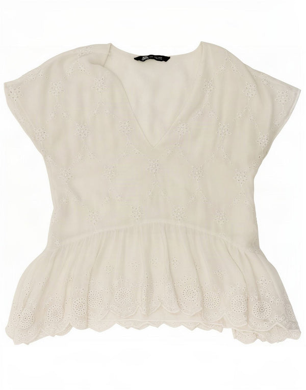 Blusa feminina Zara Top UK 10 pequena floral branca