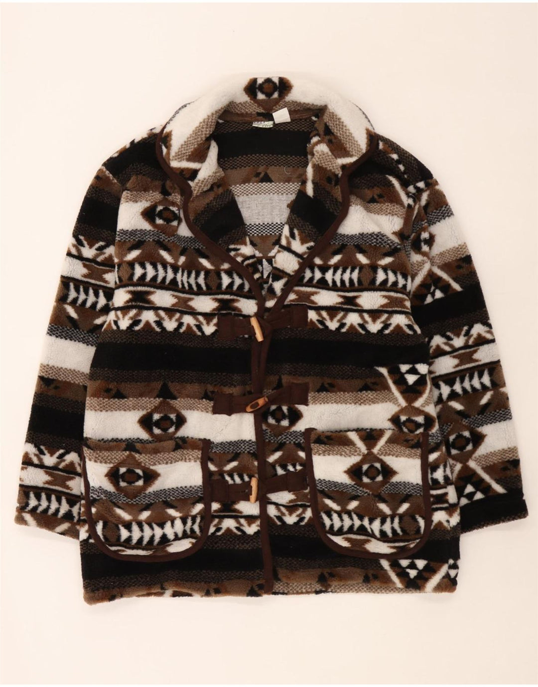 Casaco Duffle de Malha Oversized Feminino Vintage Reino Unido 10/12 Pequeno Marrom Fair Isle