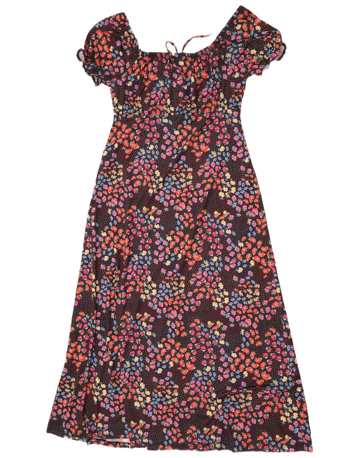 Vestido maxi feminino Lipsy Reino Unido 10 pequeno poliéster floral preto