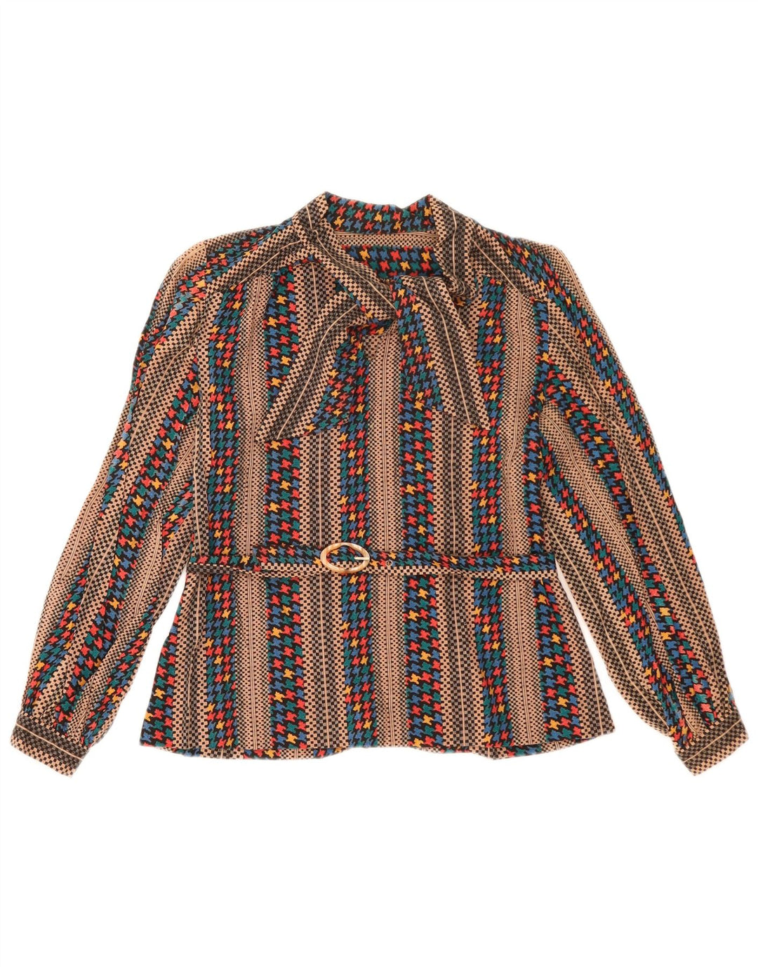Blusa feminina vintage de manga comprida UK 14 listrada marrom médio