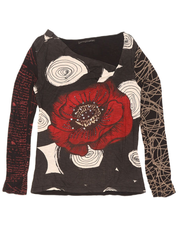 Top gráfico feminino Desigual manga comprida UK 12 médio preto floral viscose