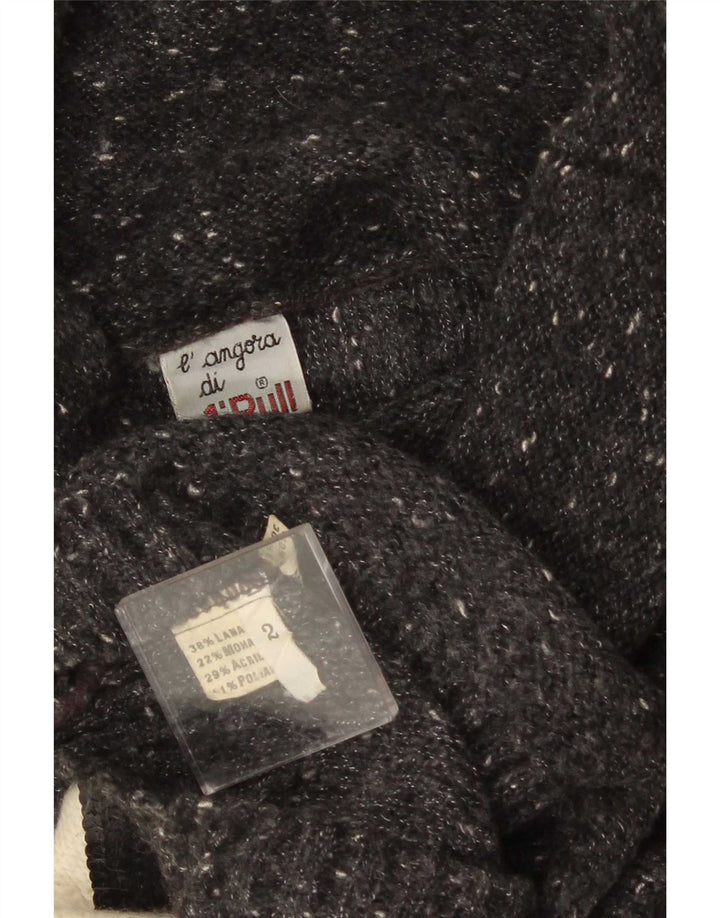 Suéter feminino vintage com gola redonda Reino Unido 14 lã colorblock médio preto