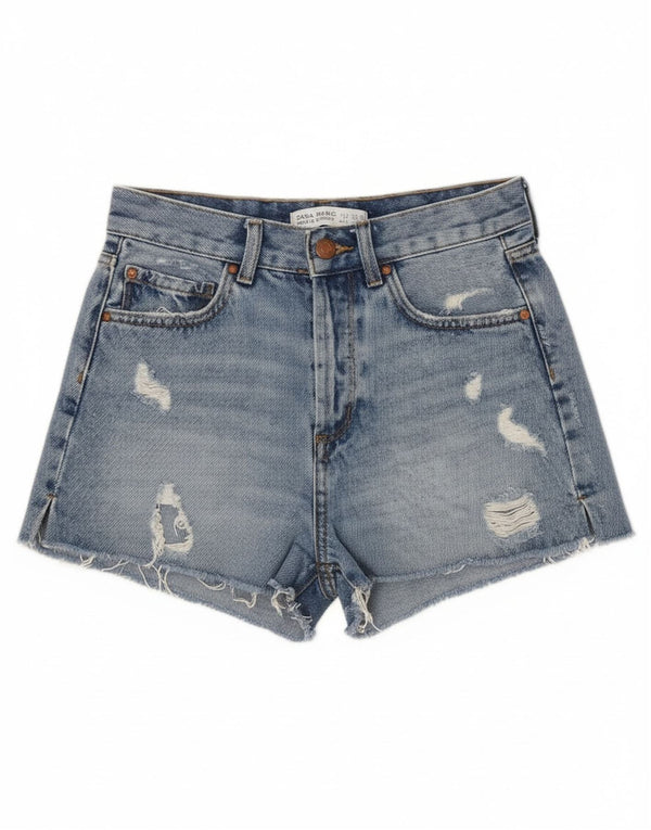Zara Shorts jeans feminino desgastado UE 34 2XS W24 azul