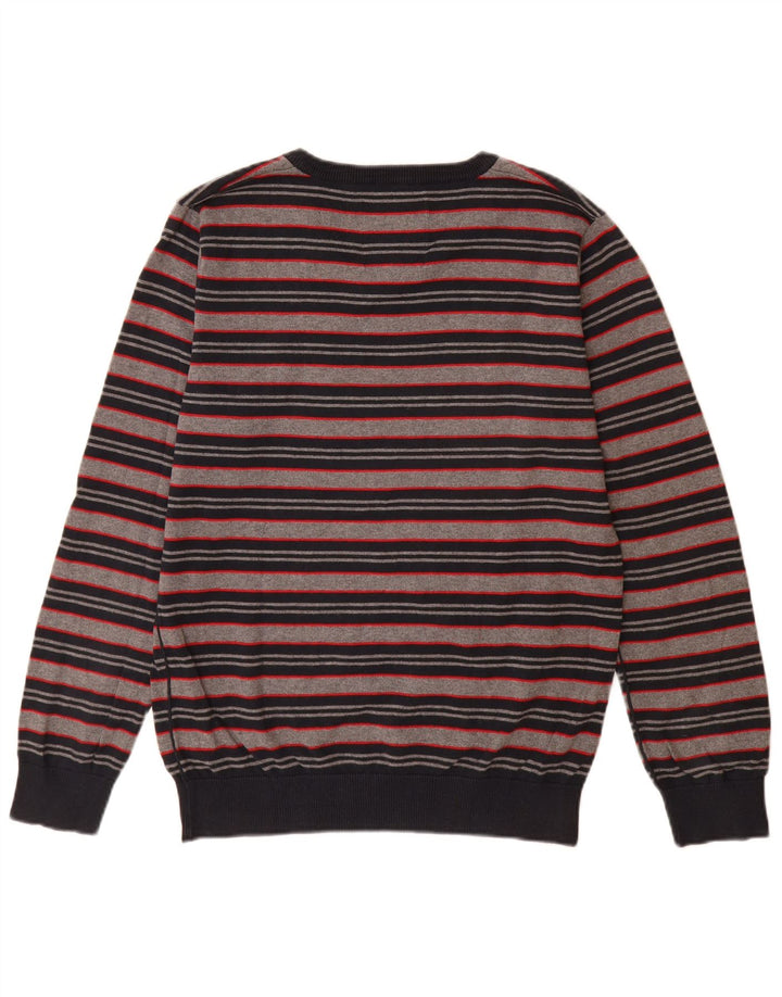 Suéter masculino Jack & Jones com gola V e algodão listrado cinza médio