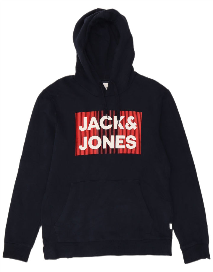 JACK & JONES Mens Graphic Hoodie Jumper Medium Navy Blue Cotton Vintage Jack & Jones and Second-Hand Jack & Jones from Messina Hembry 