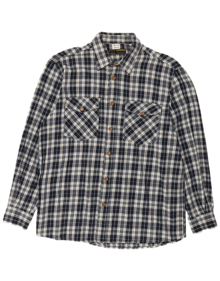 Camisa masculina de flanela Crown tamanho 44 XL azul marinho xadrez algodão