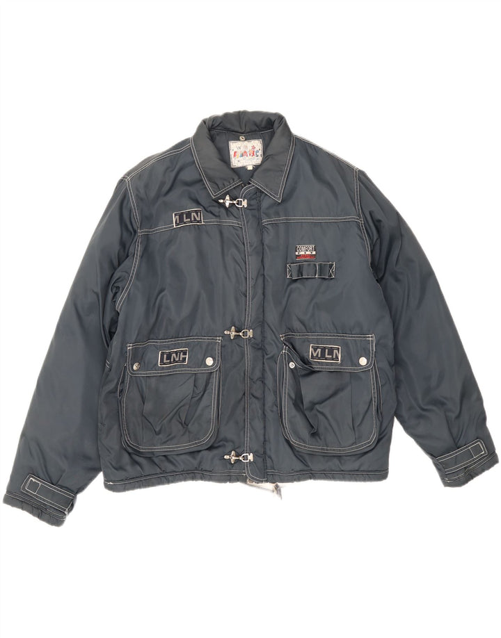 Jaqueta acolchoada masculina vintage com capuz UK 38 azul marinho médio