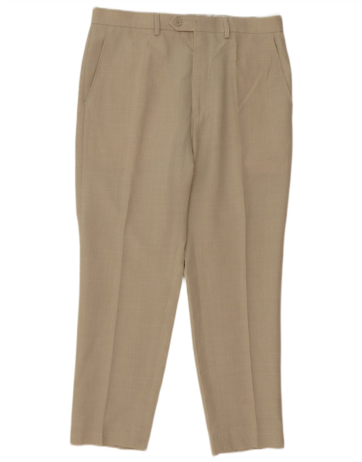 Calça masculina de terno reto Marks & Spencer W34 L28 poliéster bege