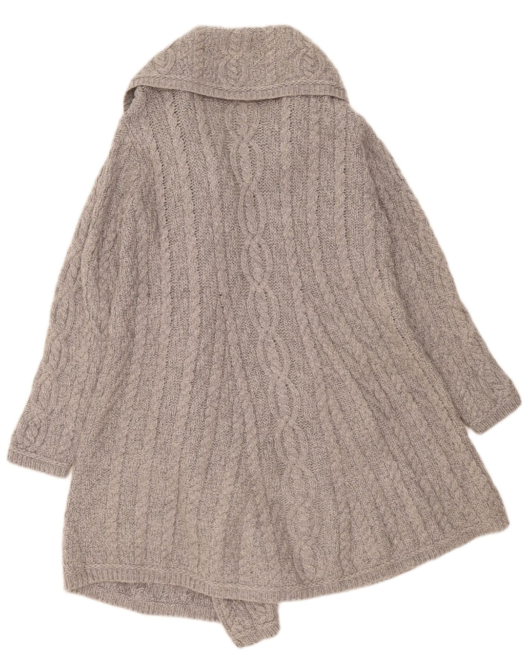 Suéter cardigã feminino com palangre Aran Crafts Reino Unido 12 lã merino cinza médio