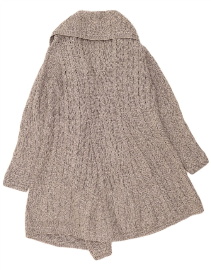 Suéter cardigã feminino com palangre Aran Crafts Reino Unido 12 lã merino cinza médio