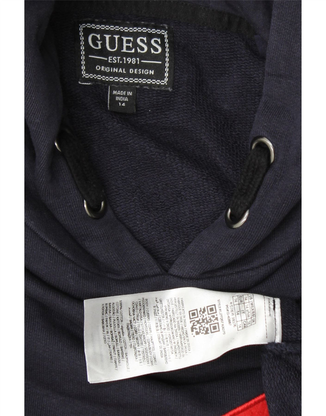GUESS Boys Graphic Hoodie Jumper 13-14 Years Navy Blue Cotton Vintage Guess and Second-Hand Guess from Messina Hembry 