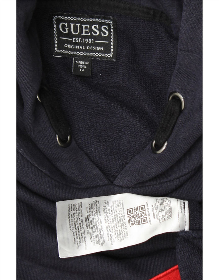 GUESS Boys Graphic Hoodie Jumper 13-14 Years Navy Blue Cotton Vintage Guess and Second-Hand Guess from Messina Hembry 