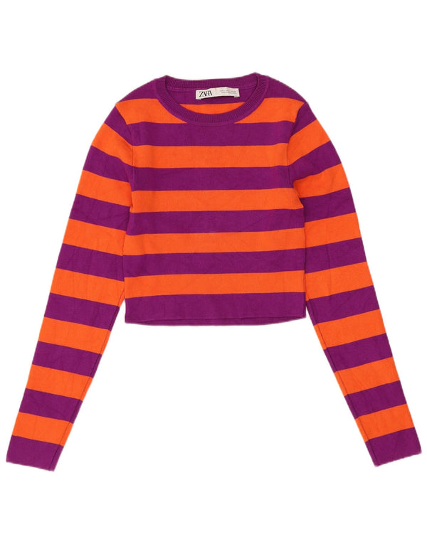 Suéter feminino ZARA com gola canoa e gola redonda, 8 listras roxas pequenas