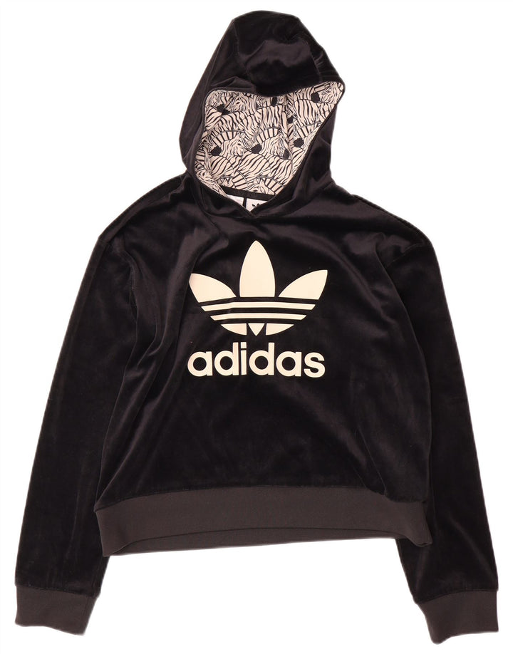 ADIDAS Meninas Graphic Velour Hoodie Jumper 13-14 Anos Preto