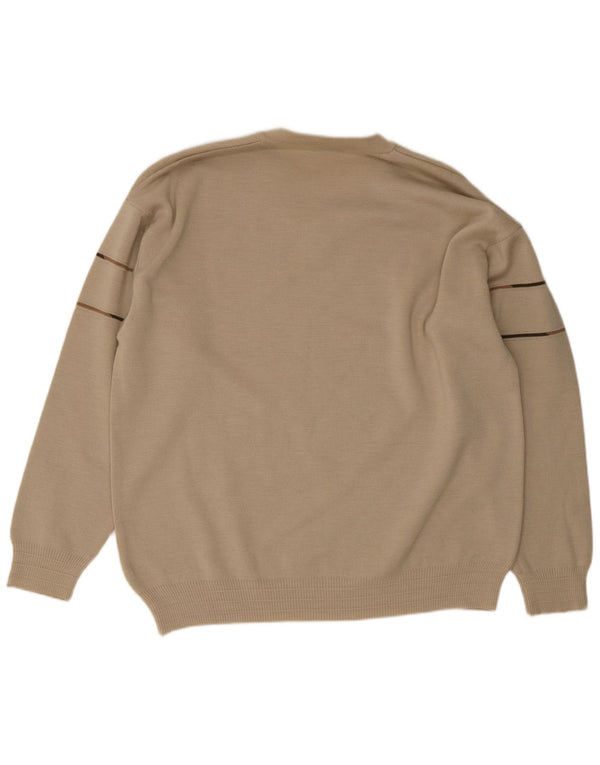 Suéter masculino vintage com decote em V IT 50 poliacrílico listrado bege médio