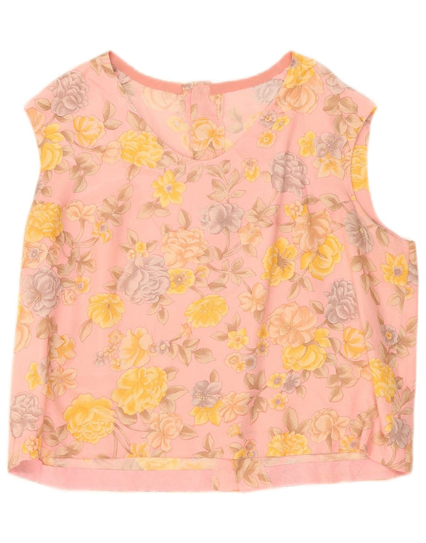 Blusa feminina vintage sem mangas UK 12 médio rosa floral