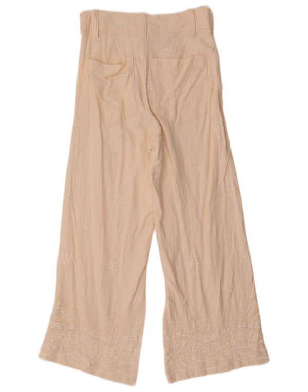 Zara Calça feminina casual de perna larga XS W24 L26 bege floral viscose