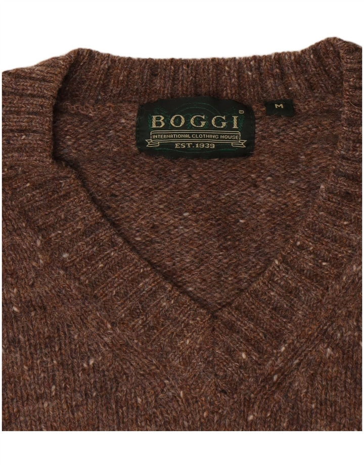 Suéter masculino Boggi com decote em V, lã nova manchada marrom médio