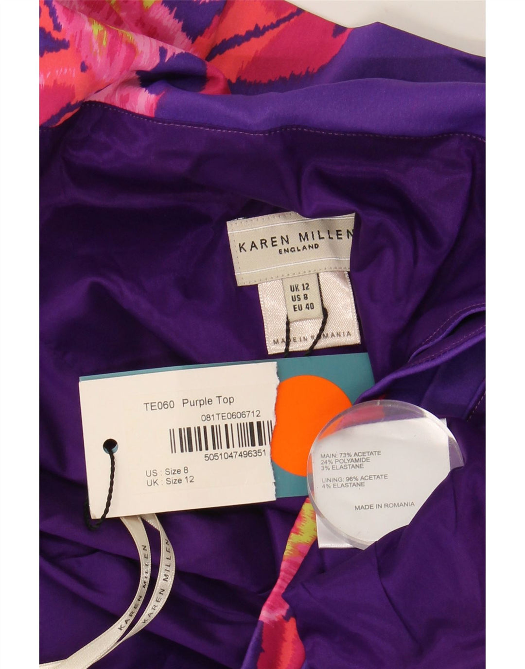 Top feminino KAREN MILLEN com ombro de fora, UK 12, médio, roxo, floral