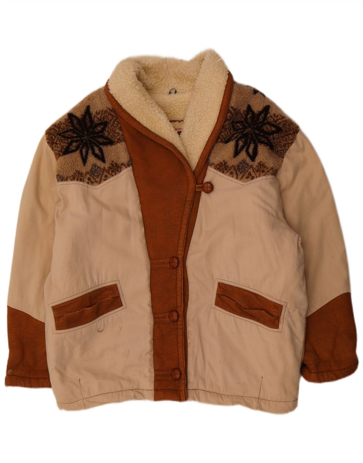 Jaqueta Sherpa vintage feminina de grandes dimensões Reino Unido 18 XL Bege Fair Isle Poliéster