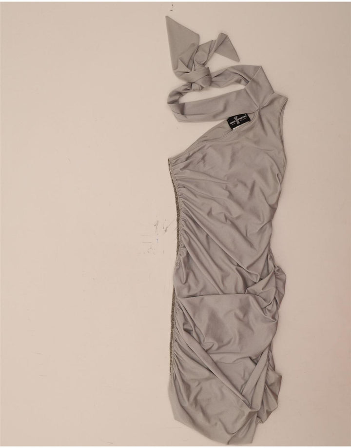 Vestido feminino vintage de um ombro Reino Unido 12 médio prata poliamida