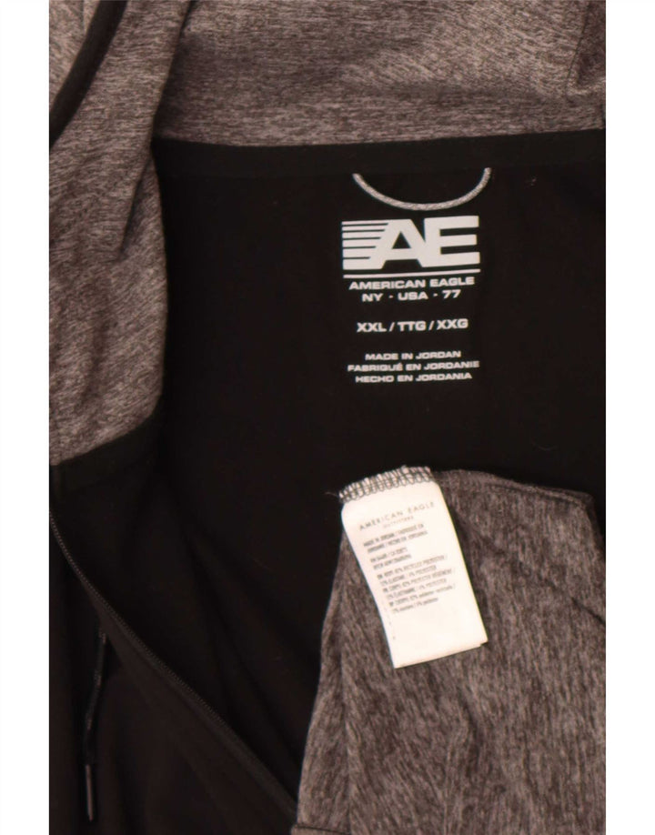 Suéter masculino American Eagle com capuz e zíper gráfico 2XL bloco colorido cinza