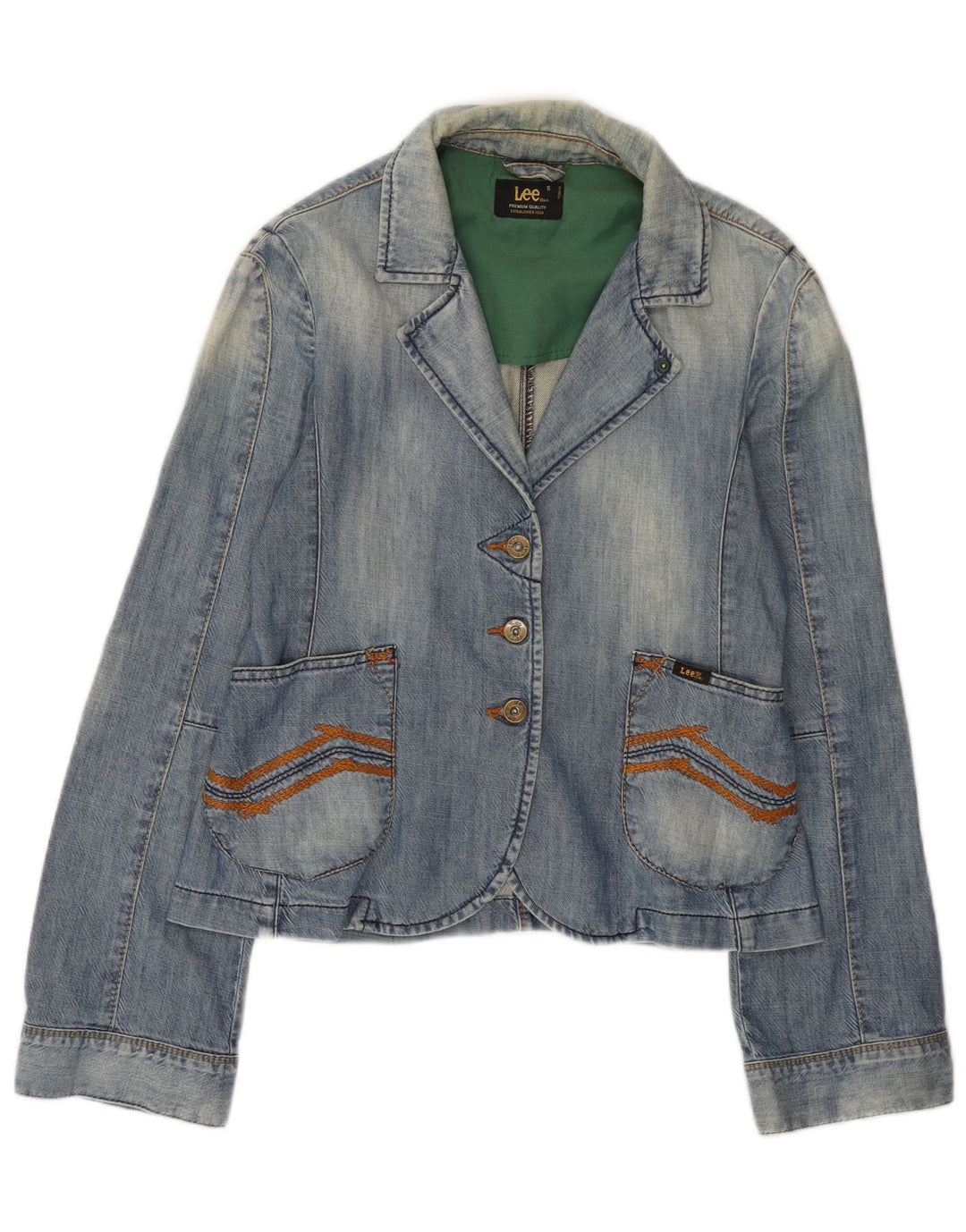 Jaqueta blazer jeans feminina Lee com 3 botões Reino Unido 10 algodão azul pequeno