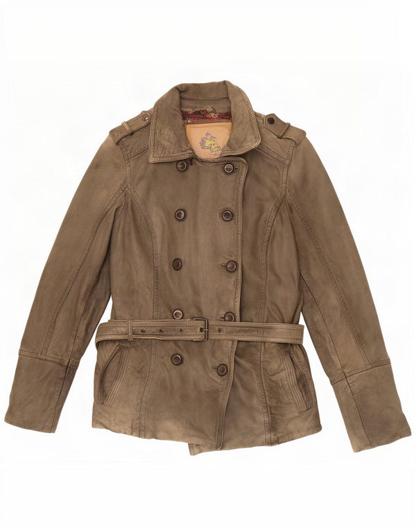 Jaqueta de couro vintage feminina militar com peito duplo UE 38 médio cáqui