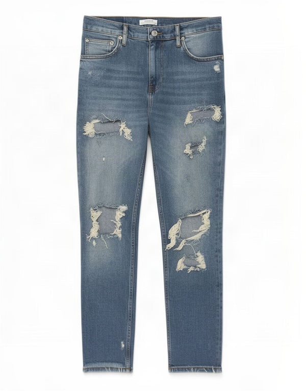 Zara Jeans femininos desgastados slim EU 36 XS W26 L26 azul algodão