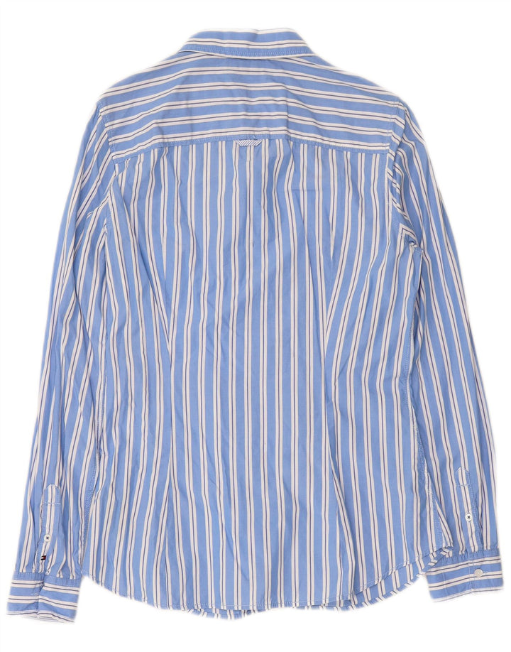 Camisa feminina TOMMY HILFIGER com babados na frente EUA 10 algodão listrado azul grande