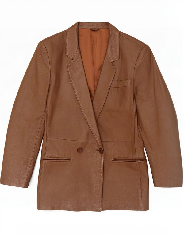 Jaqueta blazer feminina de couro com peito duplo vintage IT 44 marrom médio