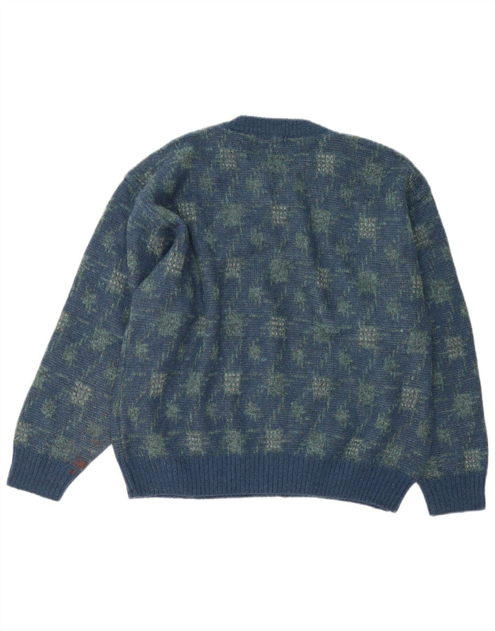Suéter masculino Rodrigo com gola redonda, grande lã geométrica azul de alpaca