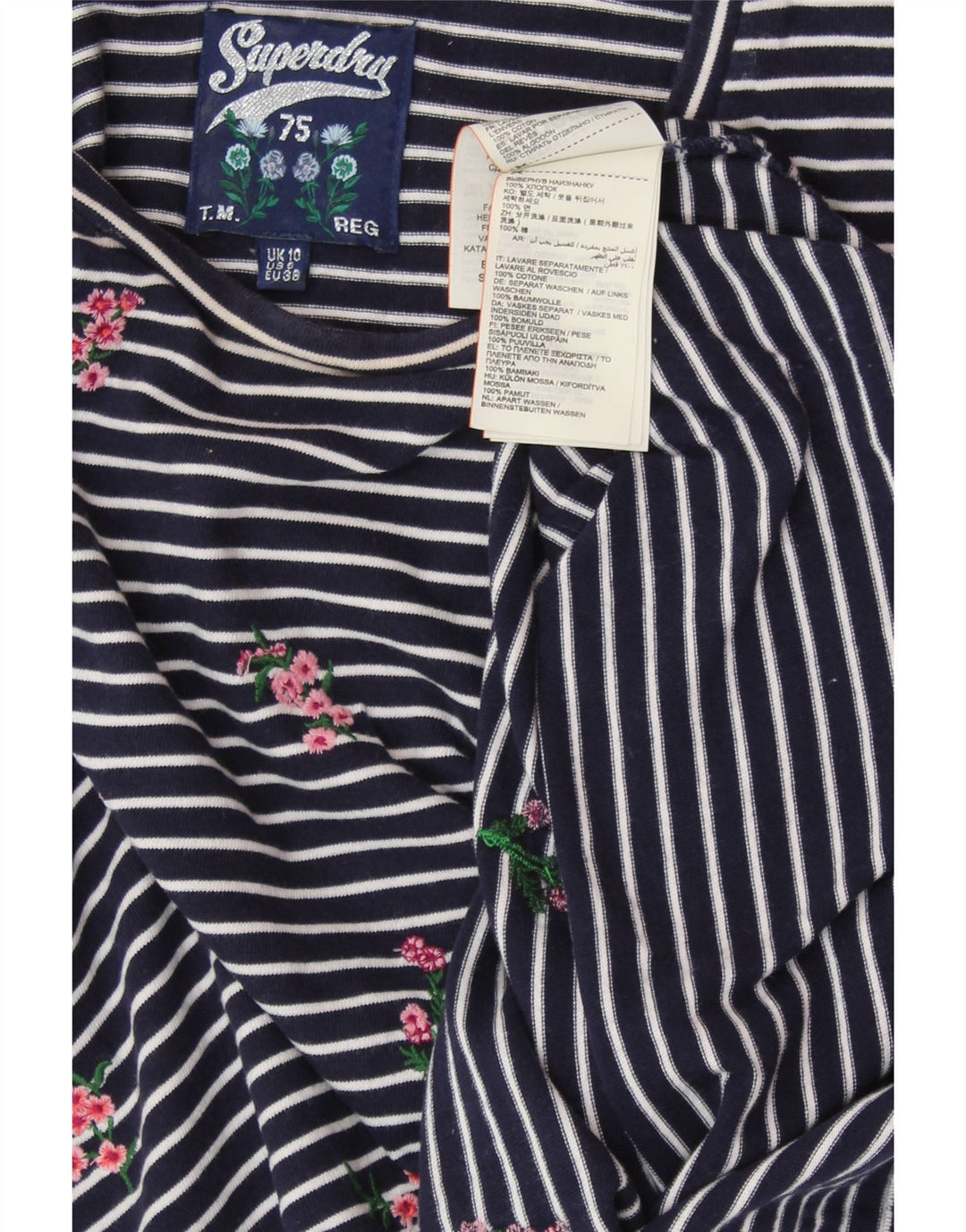 Top feminino SUPERDRY manga comprida UK 10 pequeno algodão listrado azul marinho